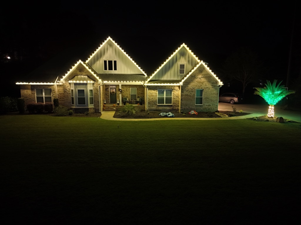 Steep-gabled home with warm white roofline lighting and a green-wrapped palm tree
